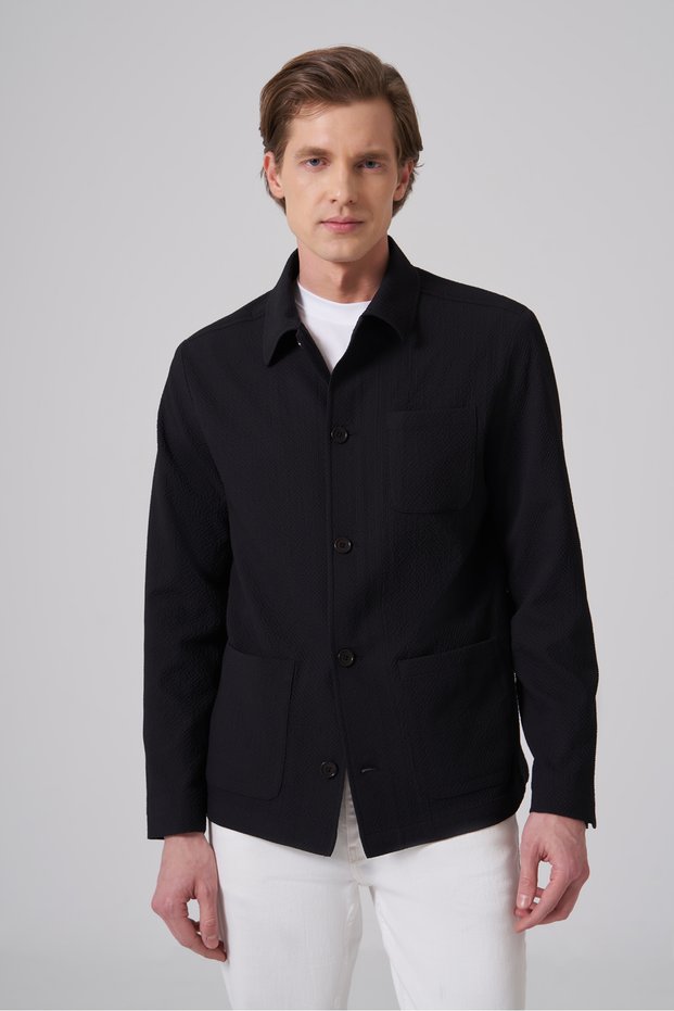 Men's Black Summer Gofre Safari Baby Collar Worker Shirt