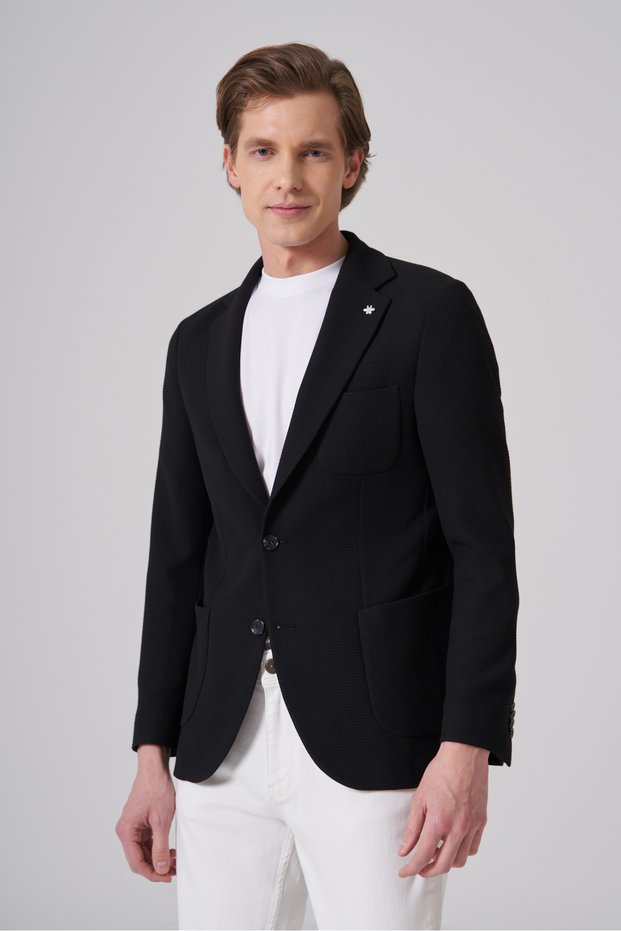 Men's Black Knitted Trend Slim Fit Mono Collar Jacket