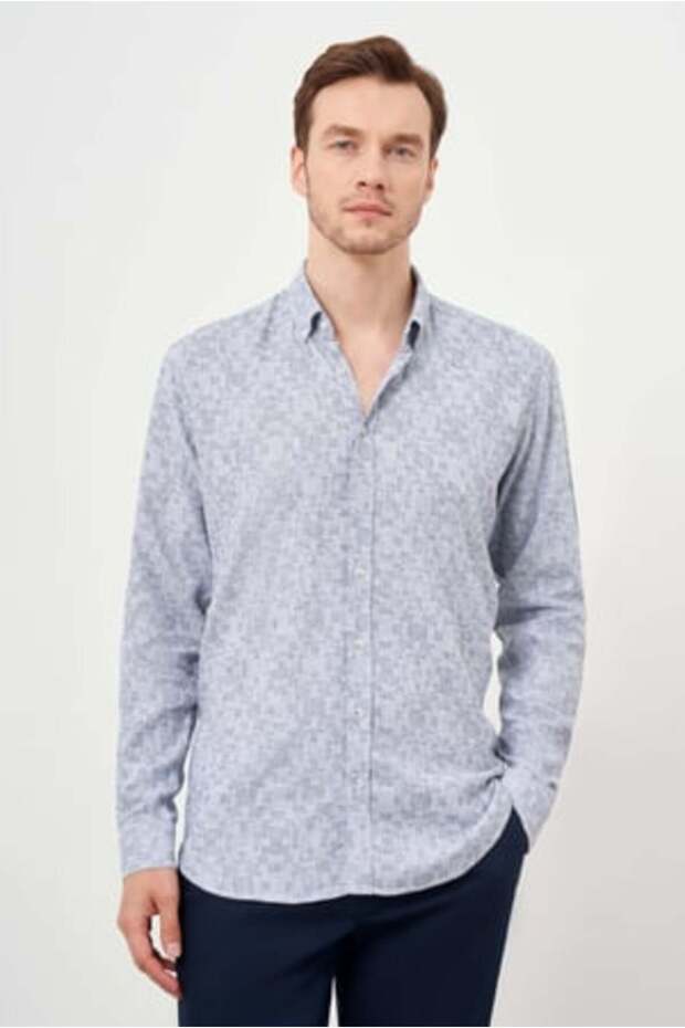 Men's Navy Blue Linen Patterned Button Collar Regular Fit Shirt