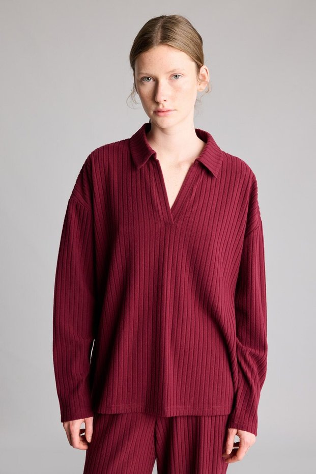 Relax Fit Polo Neck Ribbed Camisole Long Sleeve T-Shirt F1007Ax25Au