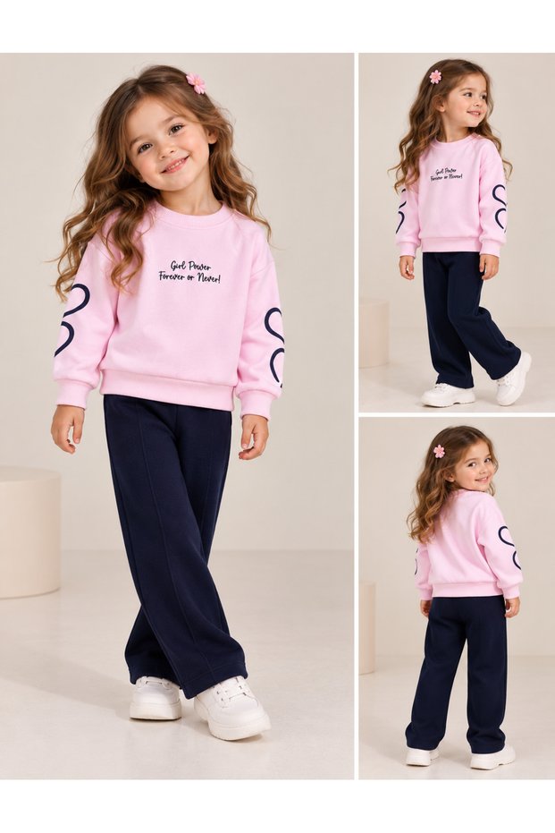 Simit Yaka Slogan Printed Sweatshirt/Ribbed Wide Leg Sweatpants 3-Piece Set