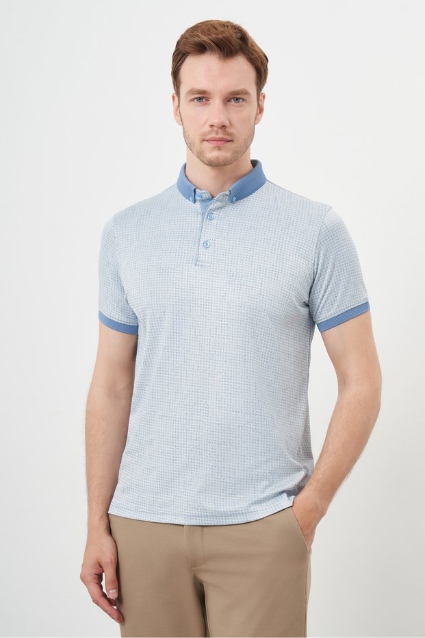 Men's A. Blue Trend Mercerized Jacquard Pattern Button-Down Collar Dynamic Fit T-Shirt
