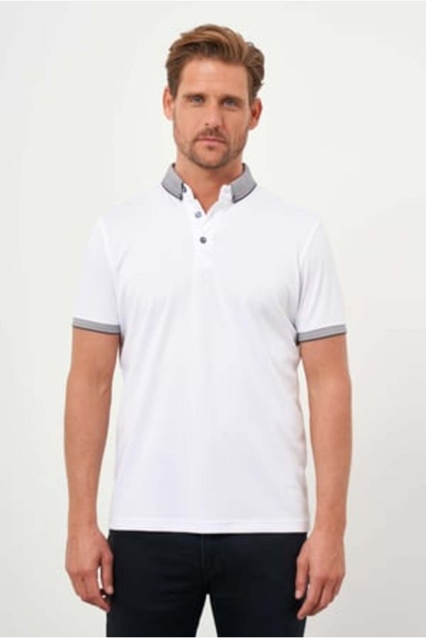 Men's White Trend Mercerized Plain Button Collar Dynamic Fit T-Shirt