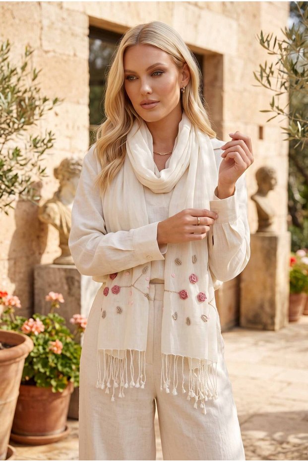 Handmade Rococo Pink Embroidered Women's Cotton Scarf | 50X200 cm