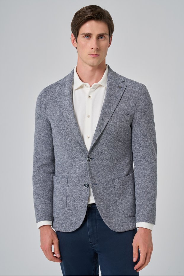 Men's Navy Blue Knitted Trendy Patterned Slim Fit Mono Collar Jacket