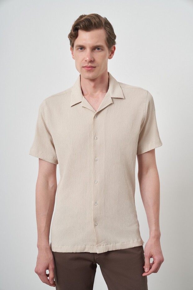 Men's Beige Apache Collar Short Sleeve Shirt
