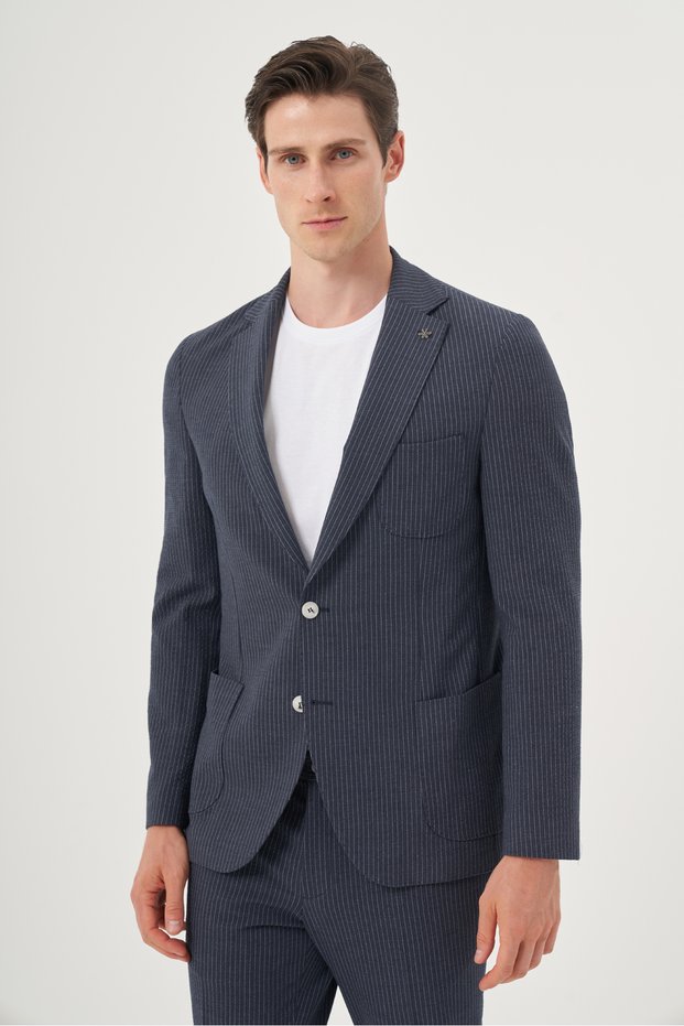 Men's Navy Blue Polyviscon Trend Striped Slim Fit Mono Collar Suit