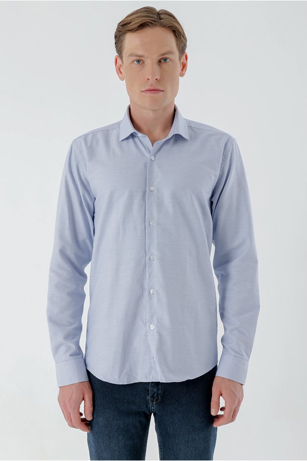 Men's Blue Trend Printed Patterned Italian Collar Slim Fit Shirt