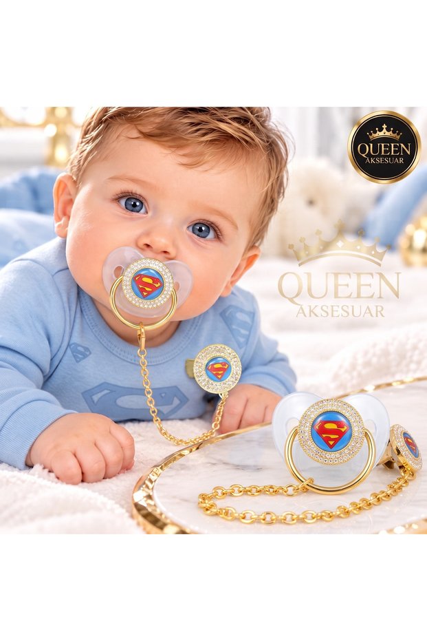 Baby Boy Luxury Design Royal Transparent White Superman Logo Stone Pacifier and Chain Set Gold Gold