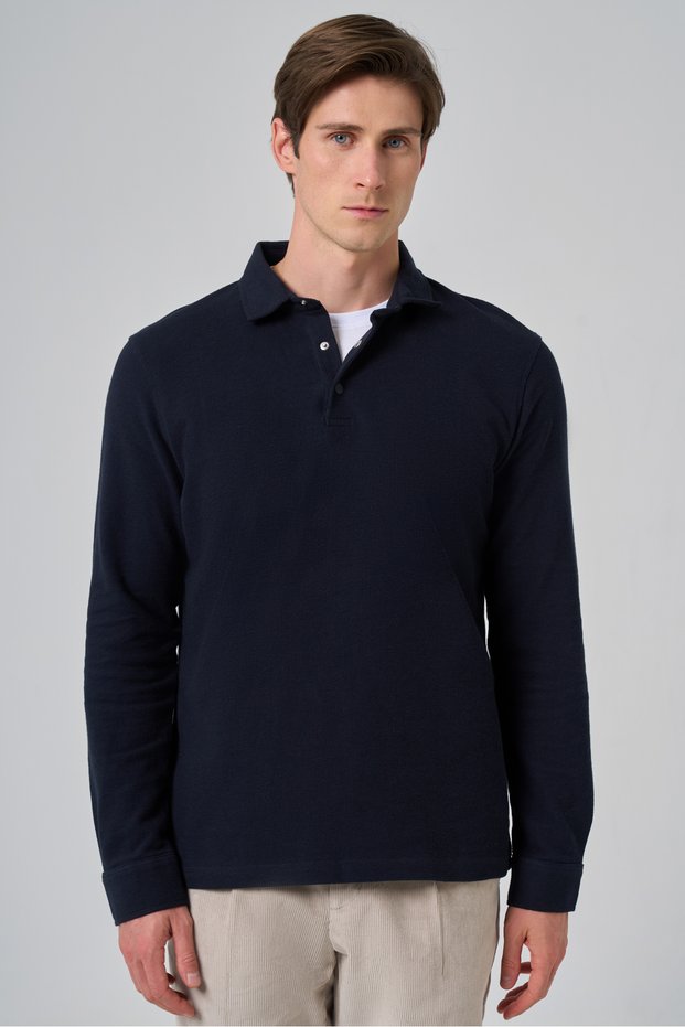 Men's Navy Blue Cotton Trend Tree Bark Pattern Dynamic Fit Polo Neck Sweat-Shirt