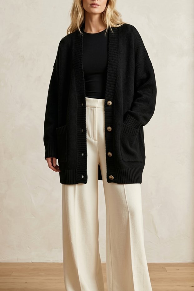 Women's Oversize Long Sleeve Soft Textured Basic Knitwear Cardigan with Buttoned Pockets