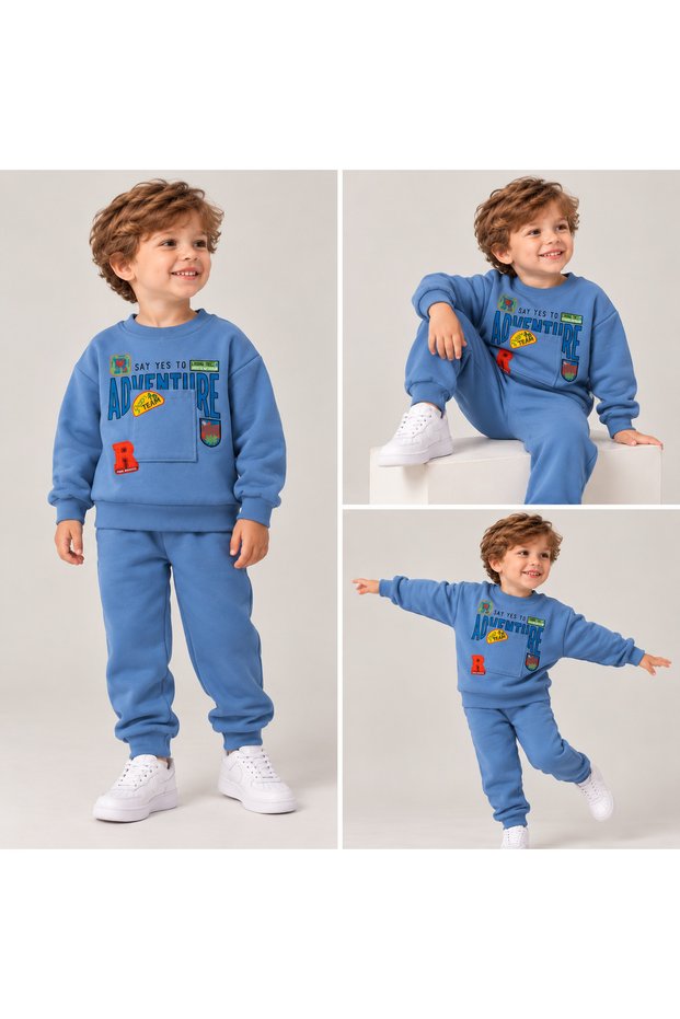 Simit Yaka Adventure Printed Sweatshirt with Pocket Detail/Elastic Waistband Sweatpants 3-Strap Drawstring Set