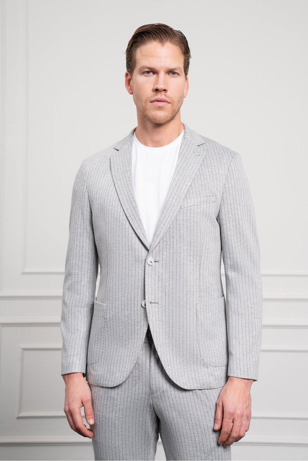Men's Gray Polyviscon Trend Knitted Striped Slim Fit Mono Collar Suit