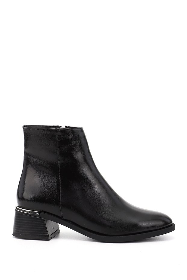 Women's Black Zippered Thick Heeled Boots