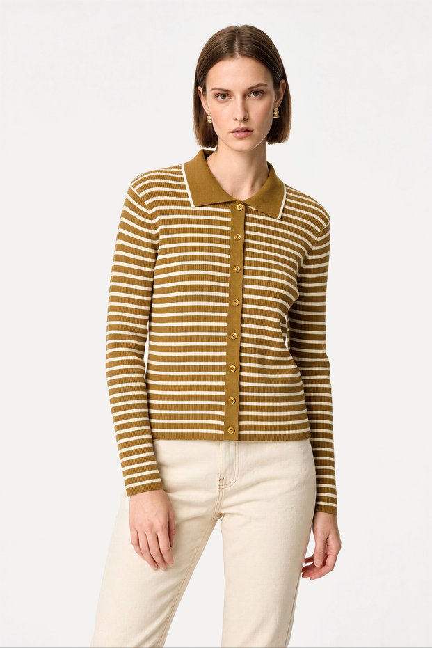 Women's Beige Striped Fitted Polo Collar Cardigan