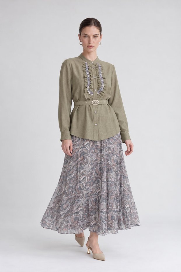 Belt Detailed Pleated Skirt Set Khaki
