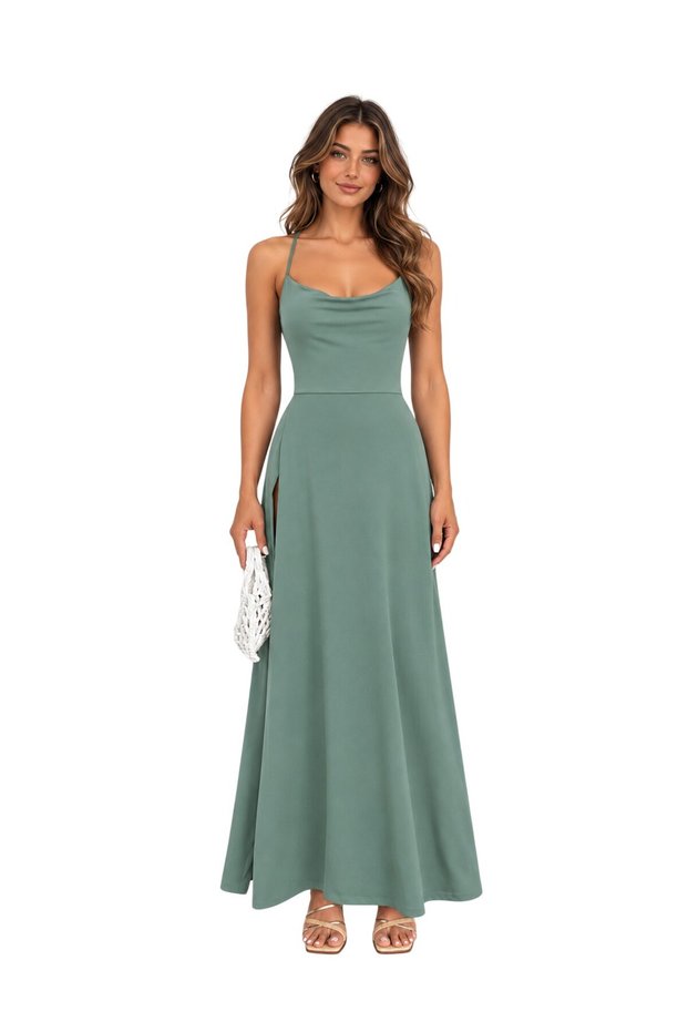 Vs-1039 Romina Mint Green Collared Slim Strap Slit Maxi Dress