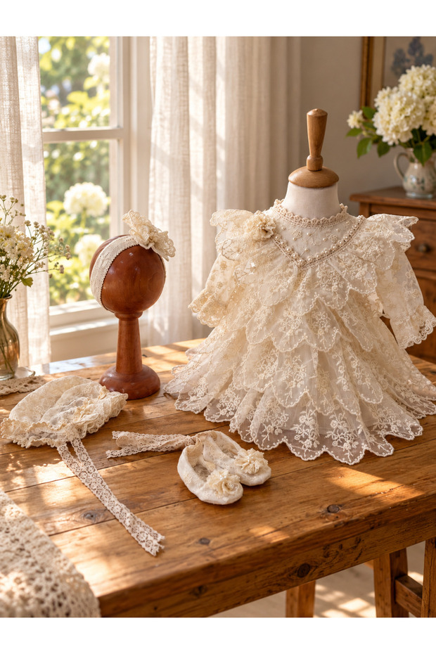 Cream Lace Religious Ceremony Dress Set - Baby Girl Special Occasion Set