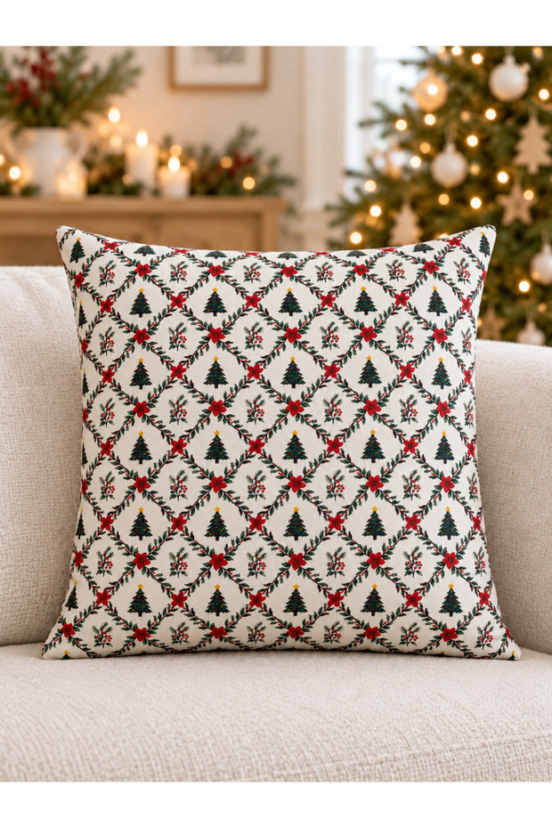 Christmas Pine Tree and Kokina Patterned Velvet Cushion Cover Cream 43X43 cm