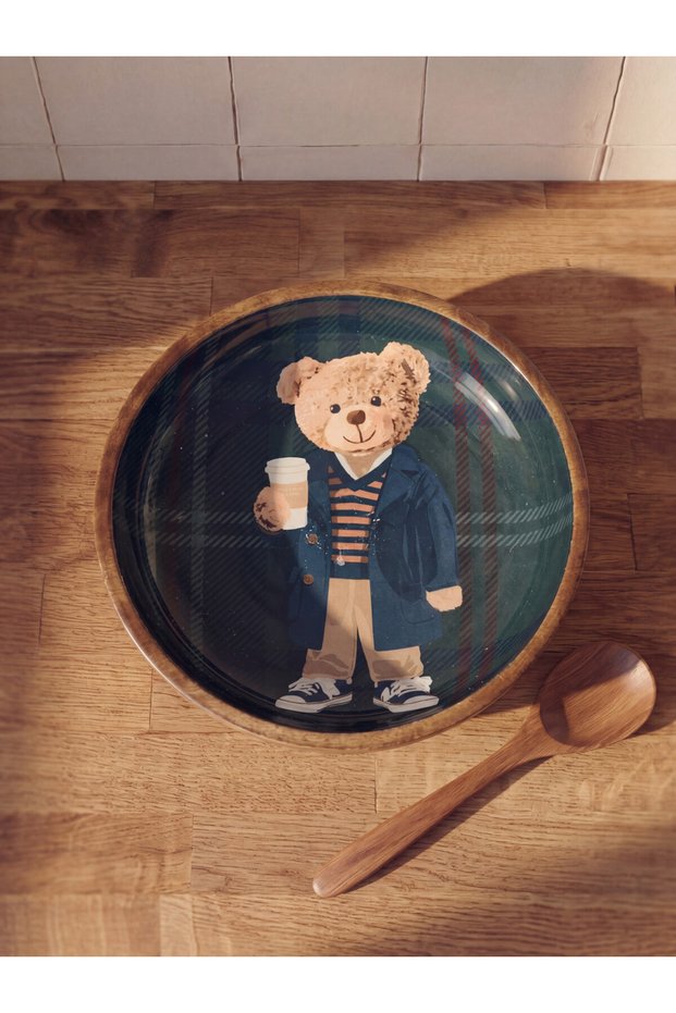 Sparkling Choices from Shining Store: Checkered Embroidered Bear Printed Wooden Bowl