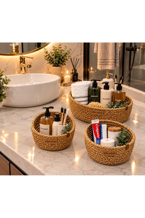 BEYZAM HOME OVAL JUTE WOVEN 3-PIECE HAND-WOVEN BASKET BATHROOM AND KITCHEN ORGANIZER