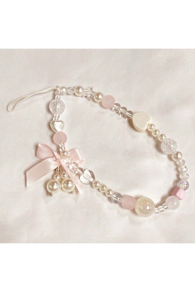 1 1Pcs 1Pcs Korean Lovely Pink Bowknot White Beaded Phone DYM Charm Lanyard For iPhone Samsung Unive