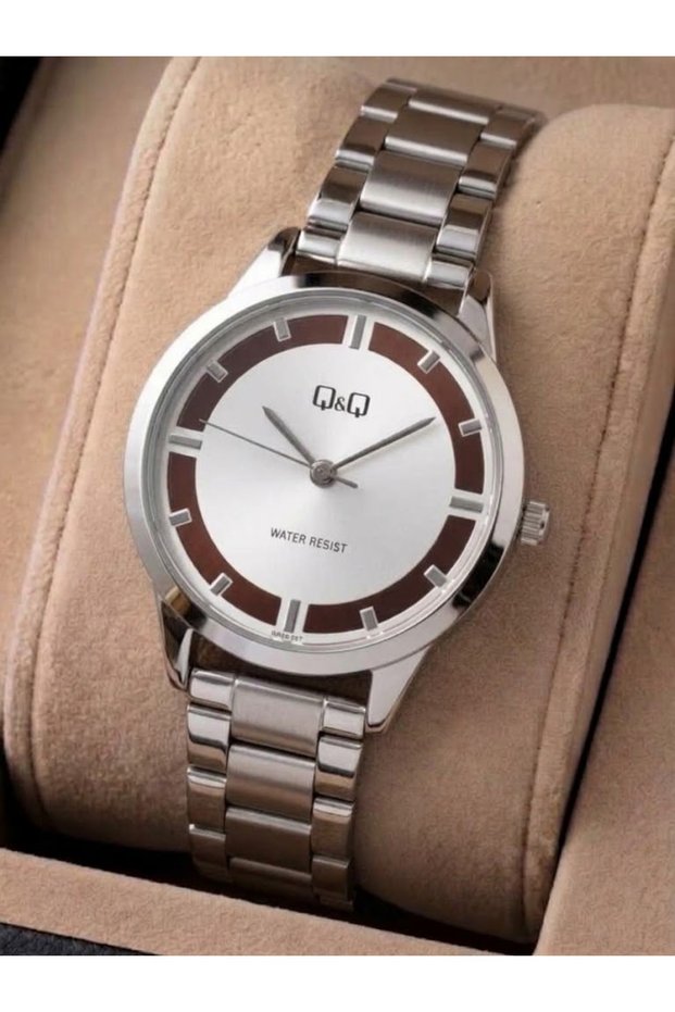 Women's Gold Metal Cord Line Indicator Brown Stripe Detail Inner Dial Classic Wristwatch