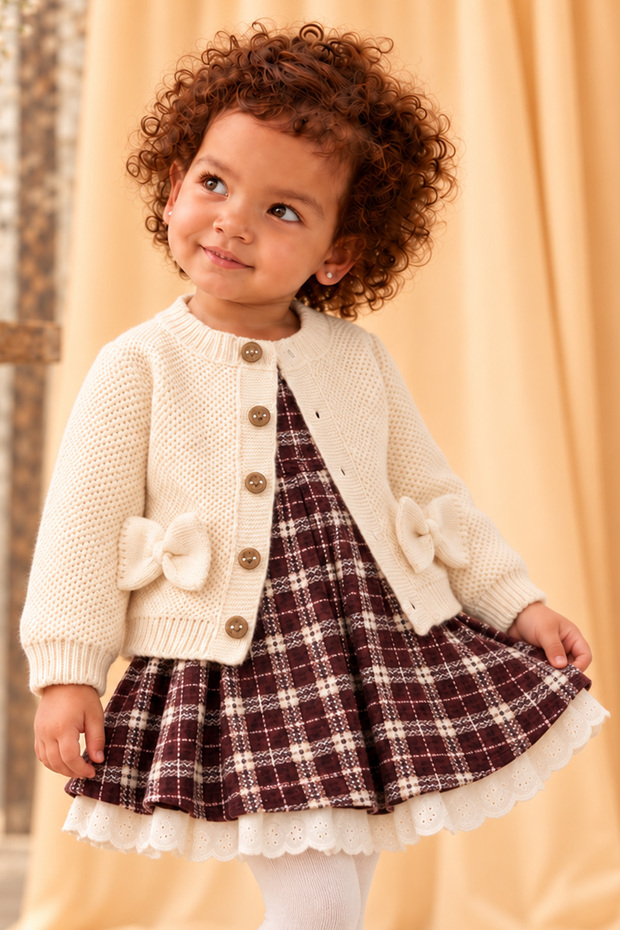 Baby Girl/Child Burgundy Plaid Patterned Lace Skirted Dress and Bowknot Knitwear Cardigan Set