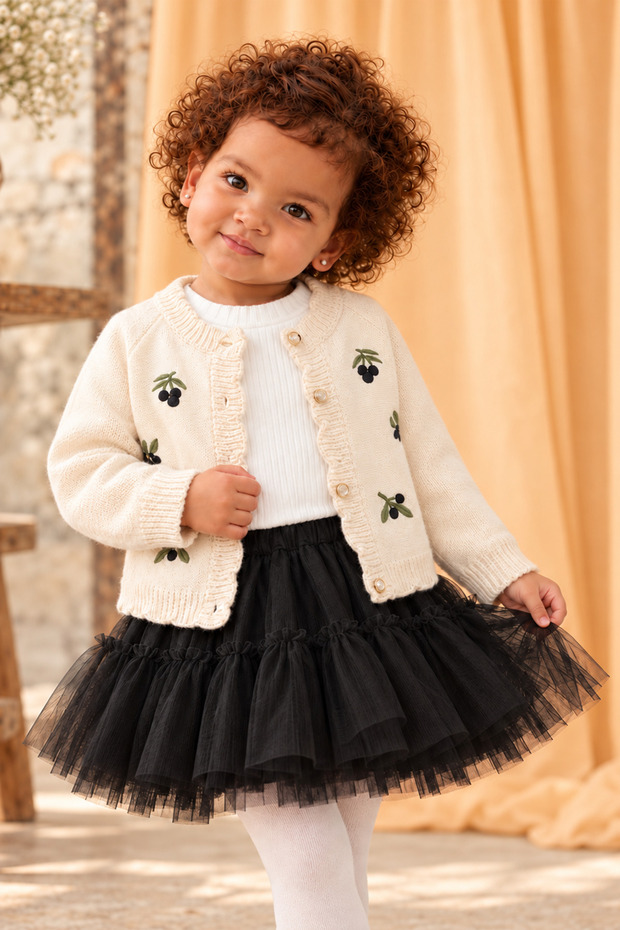 Girl's 3-Piece Set: Olive Embroidered Knit Cardigan with Pearls and Black Tutu Skirt