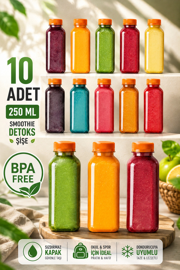 10-Pack Empty Soft Drink Bottles - 250ml Smoothie, Ayran, Juice Bottle with Orange Cap - Practical Use for Picnics, School, Home, and Workplaces Empty Bottle
