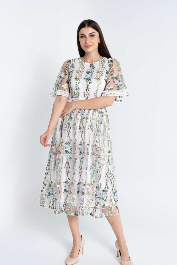 Embroidered Sheer Midi Dress with Lining