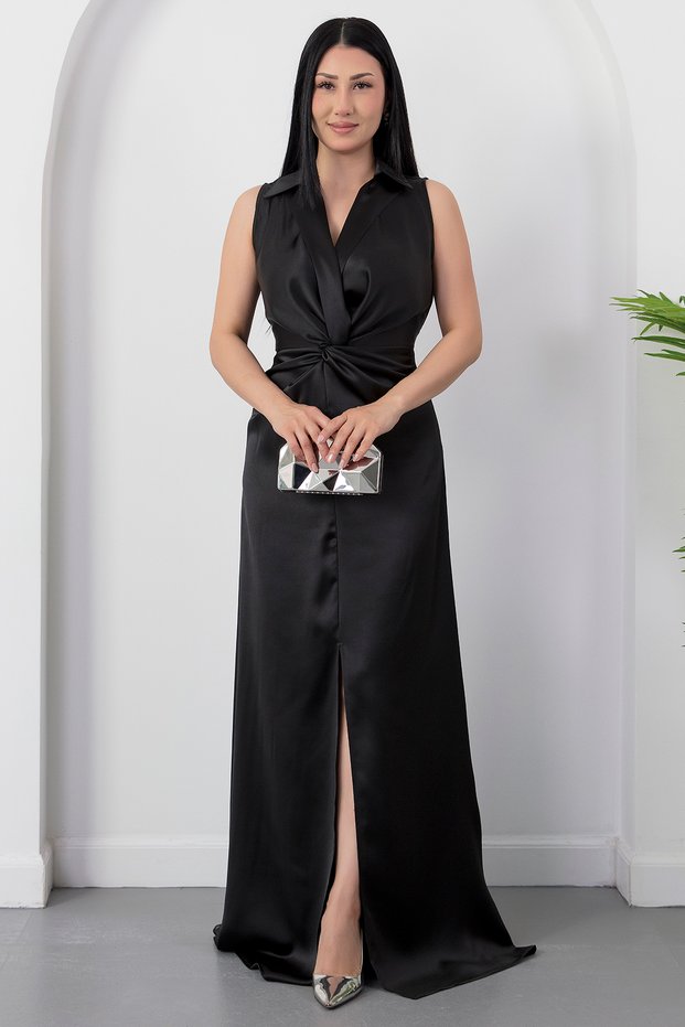 Shirt Collar Waist Knotted Satin Dress K-261737