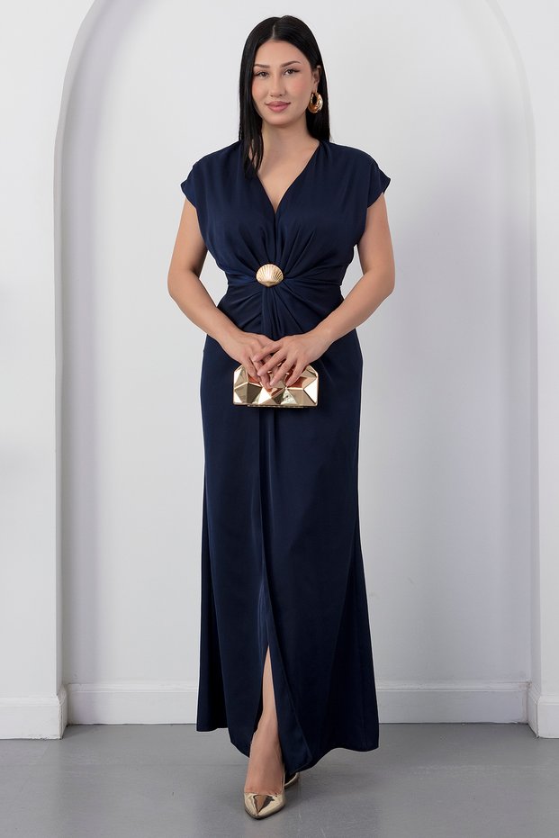 V-Neck Dress with Waist Buckle and Slit K-252618
