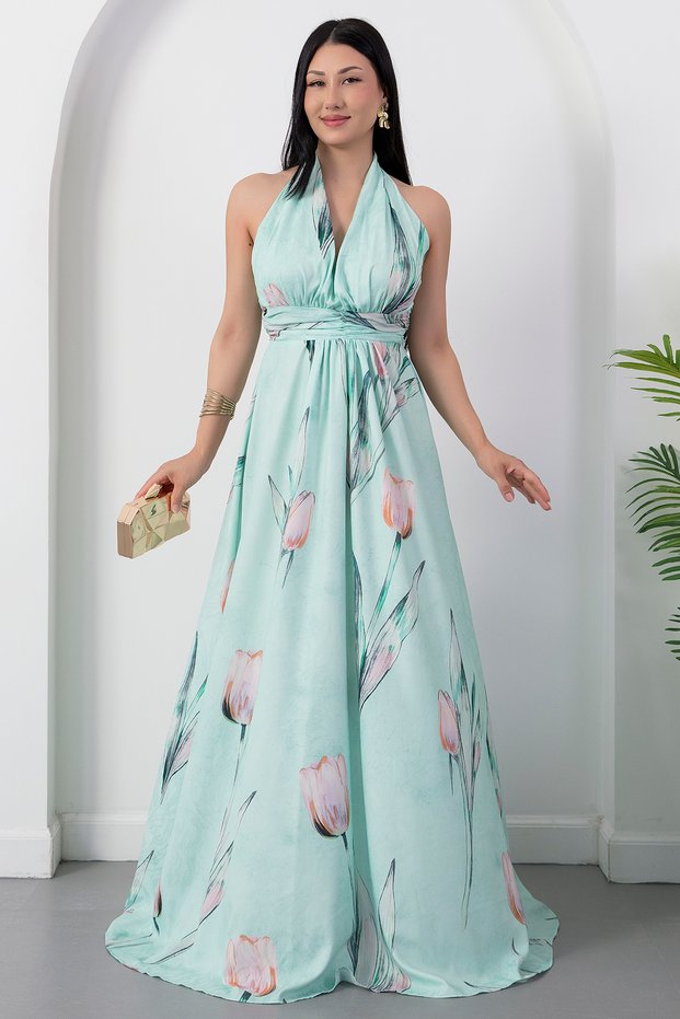 Halter neck floral dress with corsage k-262604