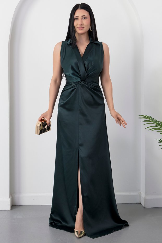 Shirt Collar Waist Knotted Satin Dress K-261737