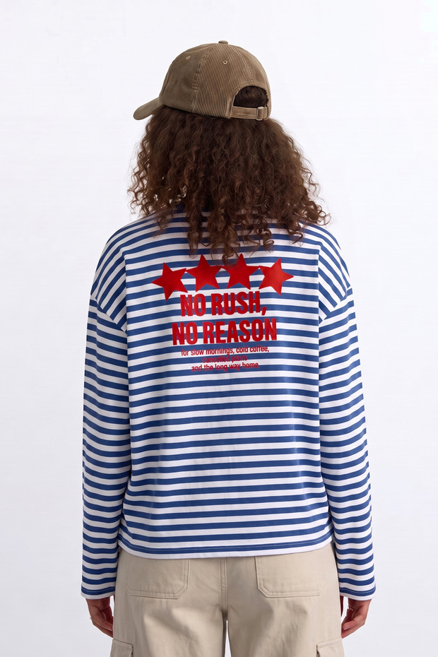 Unisex Oversize Long Sleeve T-Shirt 100% Cotton Striped Star Printed Boxy Fit T-Shirt