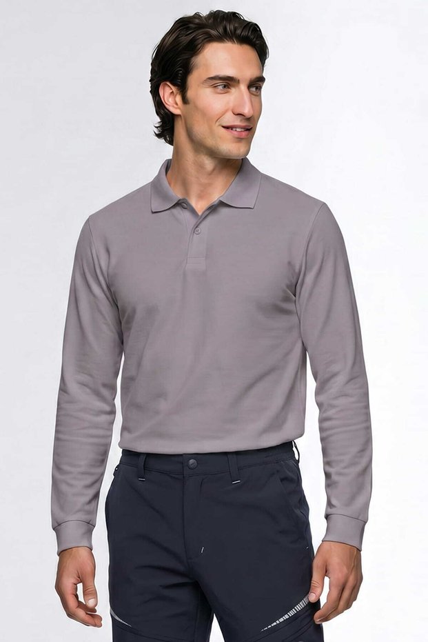 Men's Gray Long Sleeve Polo Collar Business T-Shirt 100% Cotton Buttoned Collar Regular Fit Daily Use