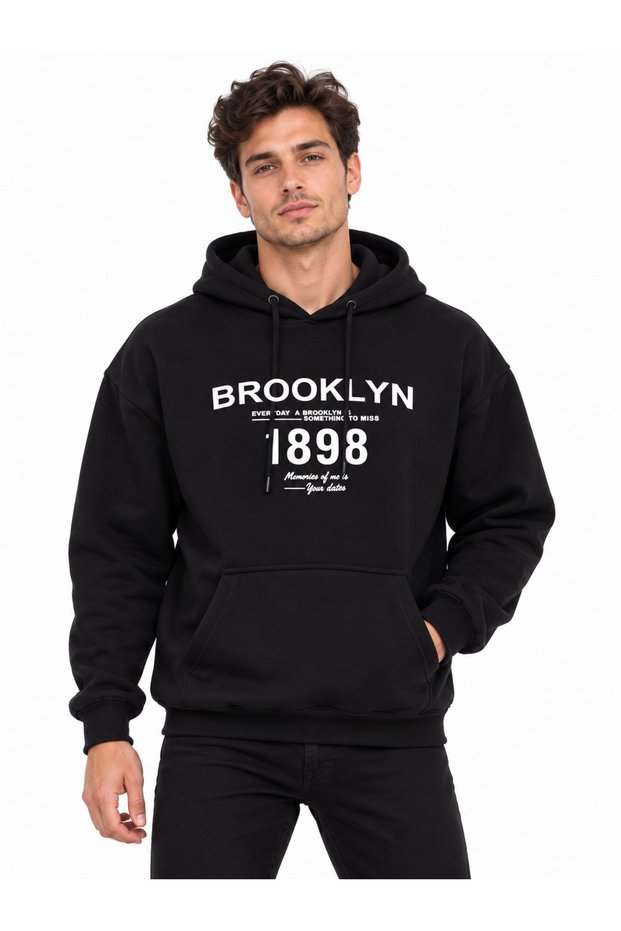 Men's Black 1898 Printed Hooded Oversize 3 Thread Threaded Loose Fit Hoodie Sweatshirt