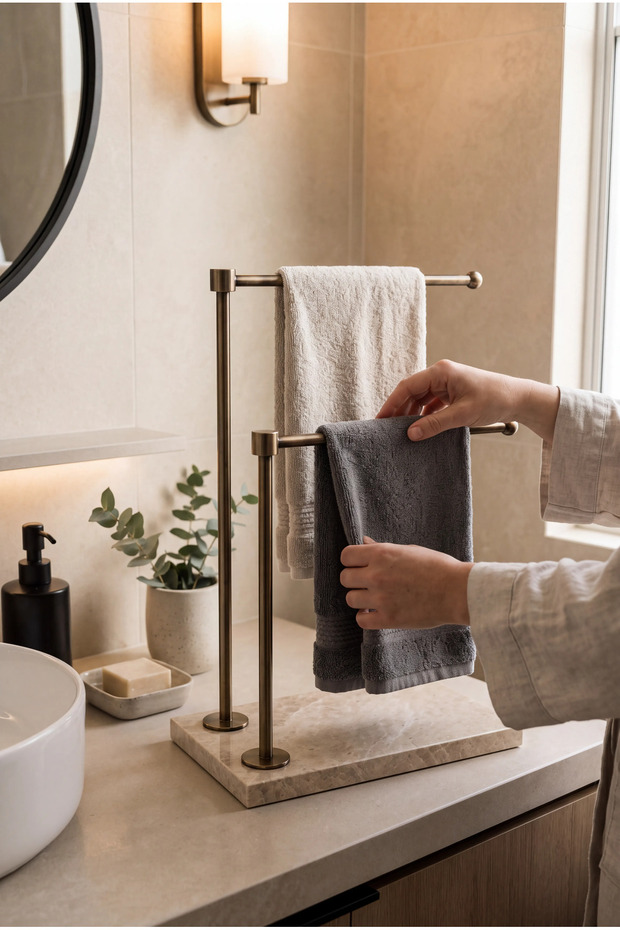 Natural Beige Marble Base Double Handle Antique Gold Metal Towel Holder | Countertop Bathroom Towel Stand | 25X15 cm