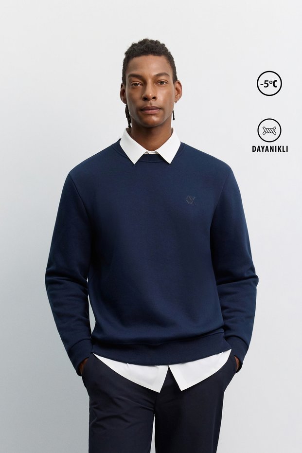 Men's Navy Blue Crew Neck 3 Thread Threaded -5 Degree Resistant Regular Fit Sweatshirt A62Y1291