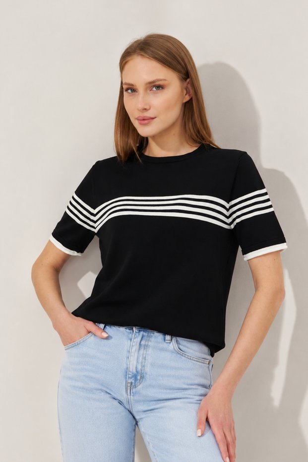 Women's Crew Neck Short Sleeve Striped Knitwear Blouse 25111 Black-Ecru