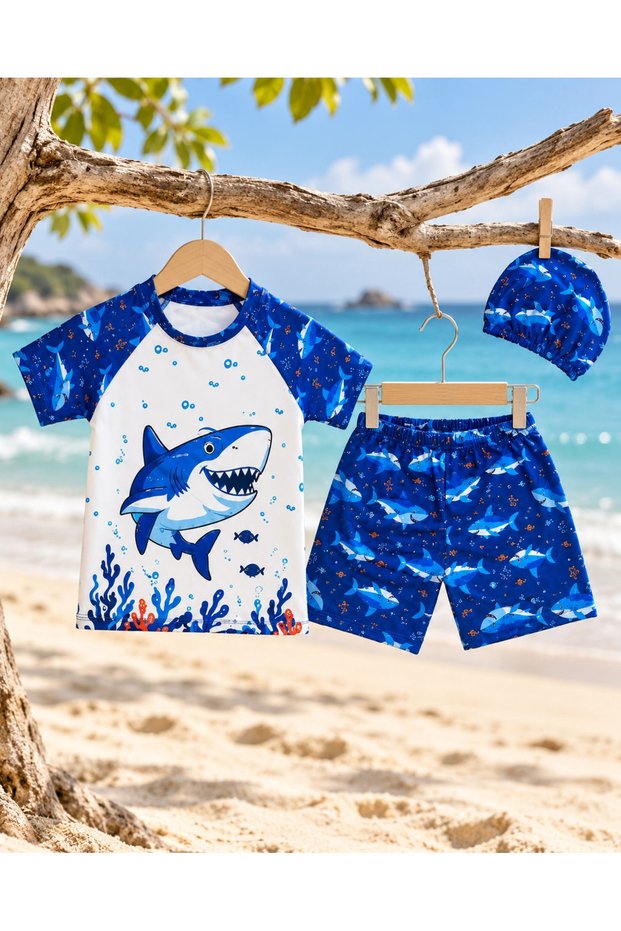 Boy's Blue Shark Printed 3-Piece Swimsuit Set Short Sleeve Top Shorts Cap