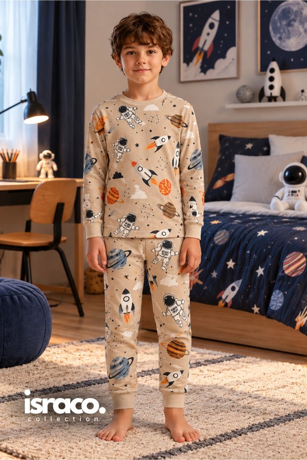 Boy's Astronaut and Space Patterned 100% Cotton Interlock Fabric Long Sleeve Pajama Set