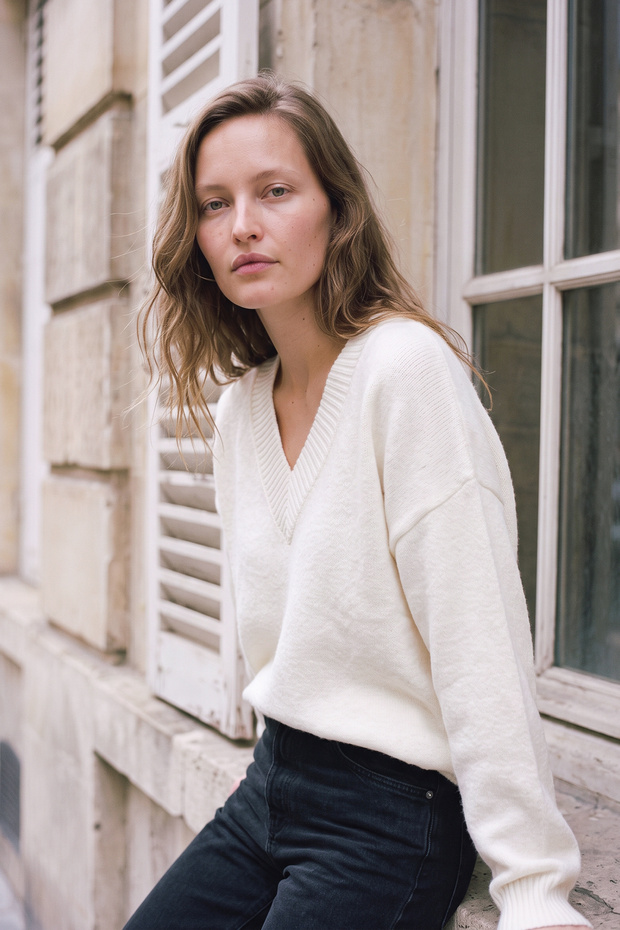Women's V-Neck Soft Textured Knitwear Sweater White 27W3055