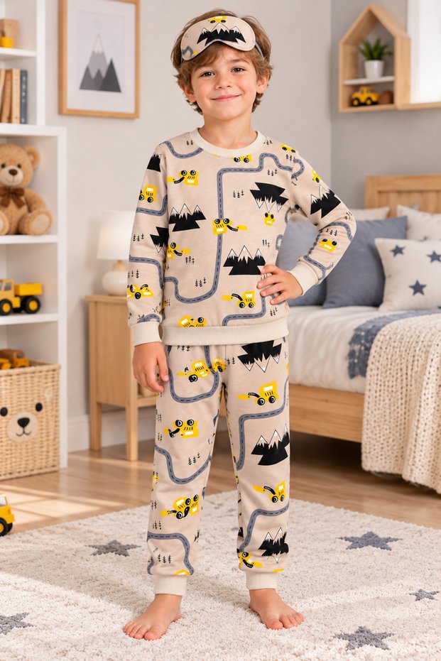 Brushed Inside Milk Coffee Road Car Patterned Long Sleeve Pajama Set for Boys