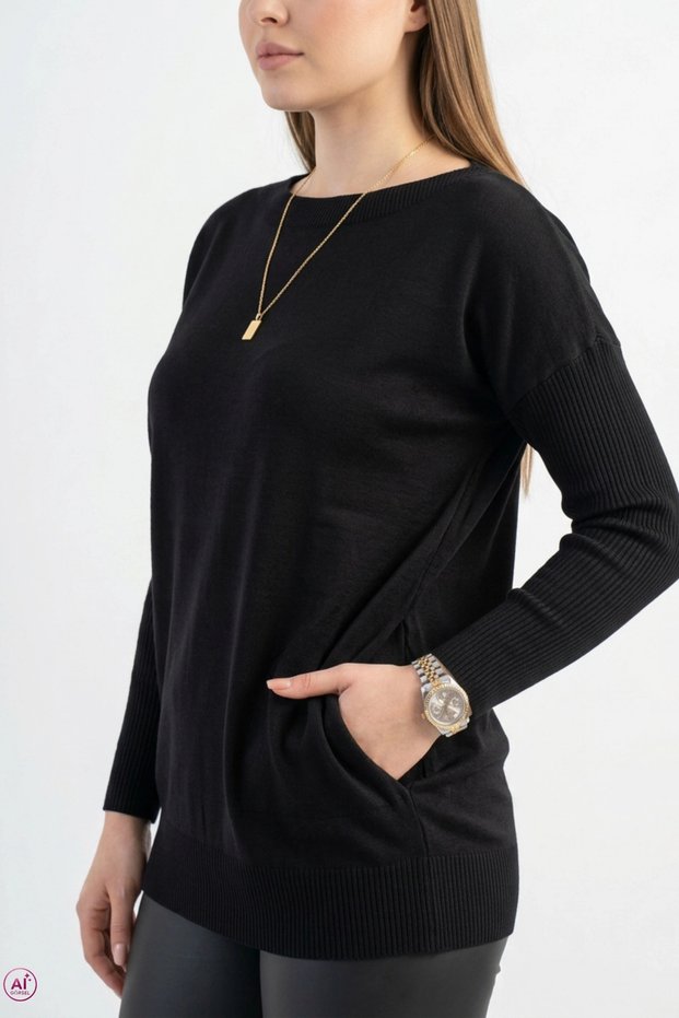 Women's Black Crew Neck Side Pocket Lycra Stretchy Soft Textured Knit Blouse
