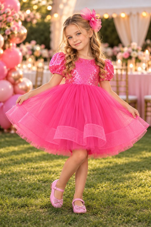 Pink Sequined Short Sleeve Ball Gown Pageant Outfit April 23 Kids Evening Dress Aby162