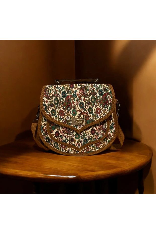 Women's Thermo Suede Ethnic Patterned Medium Shoulder Bag with Imitation Leather Detail for Daily Casual Use