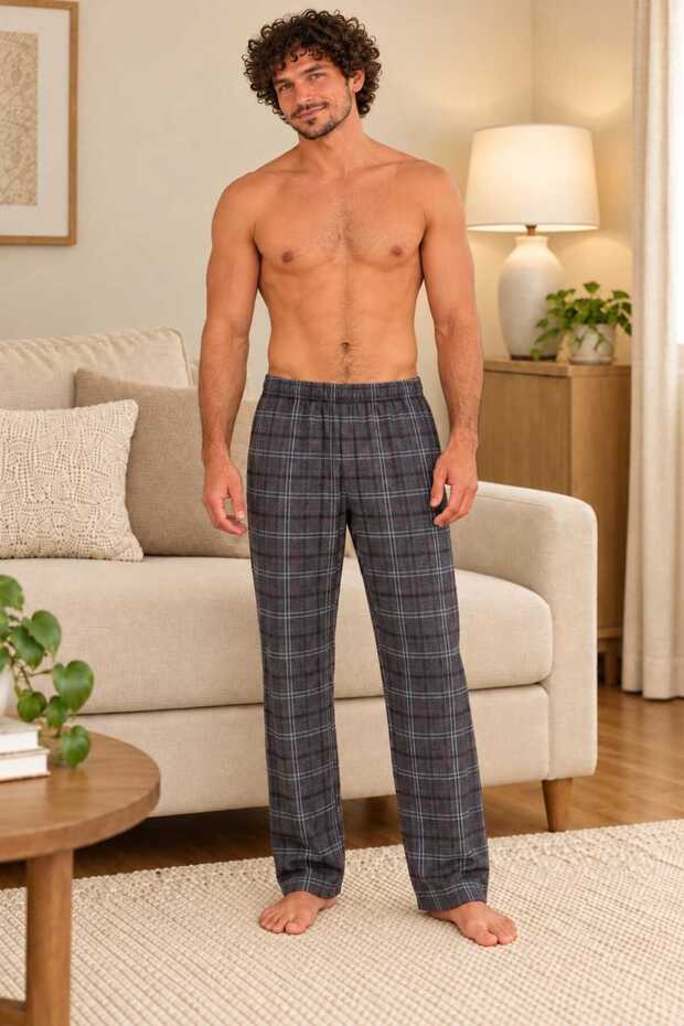 Men's Anthracite Color Plaid Patterned Bottom Pajamas