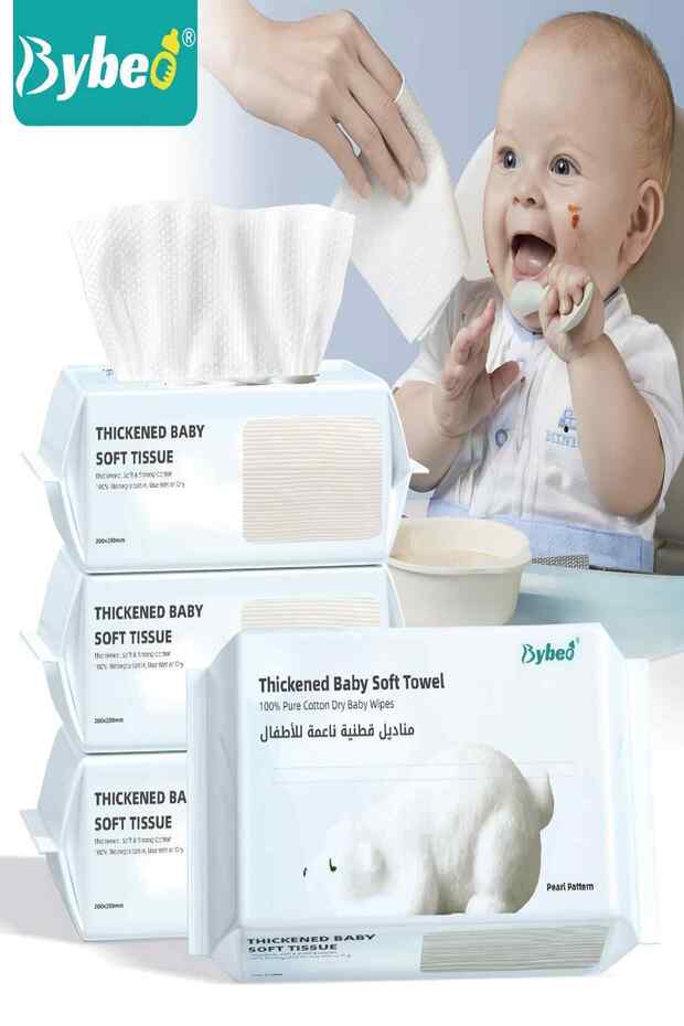 4 Bags Baby Cotton Tissue, Soft Baby Dry Wipe, Wet And Dry Use, Made Of Pure Cotton, 360 Count Unscented Disposable Facial Cotton Tissues